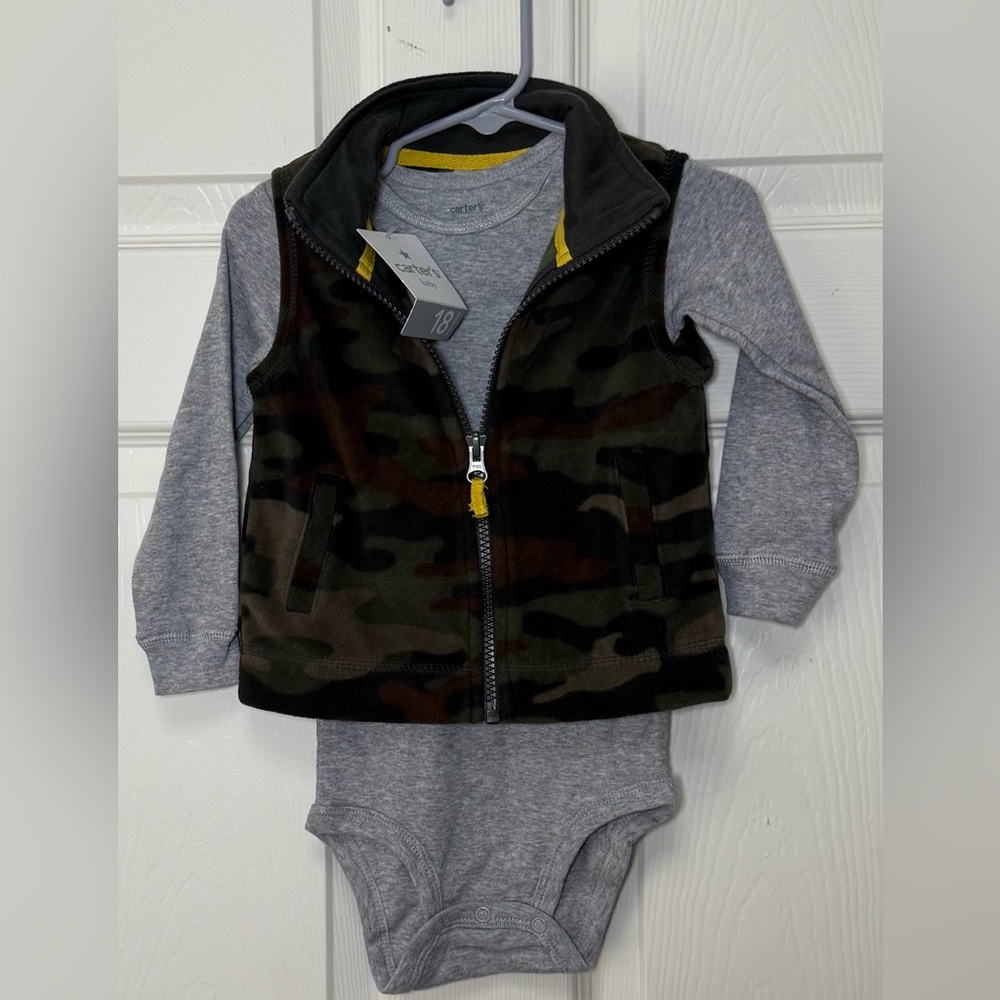 Carter's Green and Gray Camouflage Vest with Onesie Combo